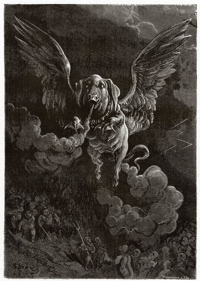Den flygende grisen etterlater et gassspor forårsaket av flatulensen av Gustave Dore