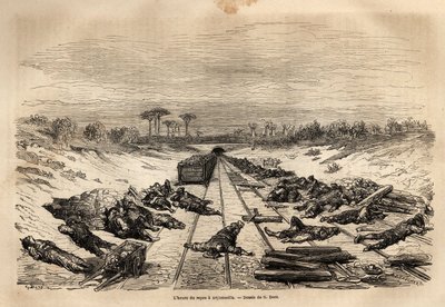Hviletimen i Argamasilla, de mange jernbanearbeiderne som ligger på banen, hviler i full sol. Gravering for å illustrere reisen til Spania av Gustave Dore (1832-1883) illustratør og baron Ch. Davillier-reaktor, i 1862, publisert i "Le tour du monde, n av Gustave Dore