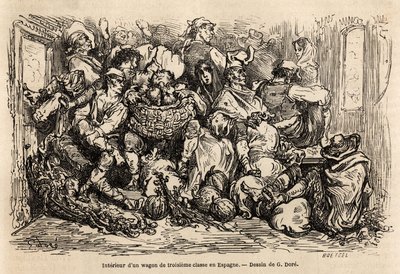 Interiøret til en tredjeklasses vogn i Spania, tegning av Gustave Dore (1832-1883), for å illustrere hans reise til Spania, med C. Davillier, i 1862. Gravering i "" Le tour du monde ", redigert av Edouard Charton av Gustave Dore