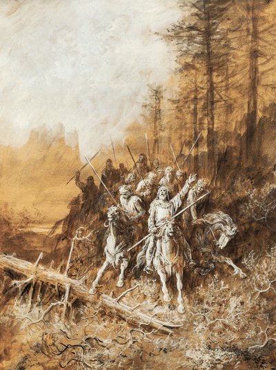 The march of knights, illustrasjon for serier med dikt, Idylls of King av Albert Tennyson (1809-1892), akvarell av Gustave Dore