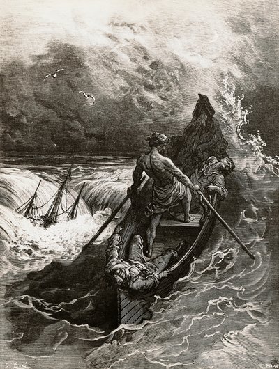 Sjømannen, fra Rime of the Ancient Mariner, dikt av Samuel Taylor Coleridge (1772-1834), illustrasjon av Gustave Dore