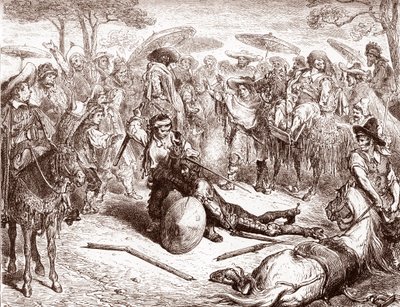 Kjøpmennene i Toledo ser på mens en av muldyrførerne deres slår Don Quijote Gravering av Gustave Dore (1832-1883) for "The Ingenieux Hidalgo Don Quixote Quixote" av Miguel de Cervantes (1547-1616)) 1863 Privat samling av Gustave Dore