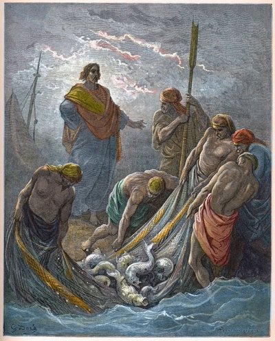 Det mirakuløse trekk av fisk - Mirakuløst fiske - - Gravering i "The Bible illustree" av Gustave Dore (1832-1883) - Gravering fra "" The Dore Bible"" av Gustave Dore