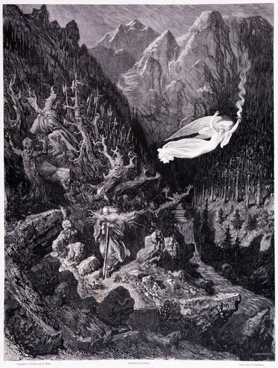 Den gamle mannen som holder en veske og stokken som går i et fiendtlig landskap, overvinnes av en engel som vinker med ilden, Plate VII - Illustrasjon av Gustave Dore (1832-1883), for La legende du Jew wandering av Pierre Dupont, Edition Librairie du magas av Gustave Dore