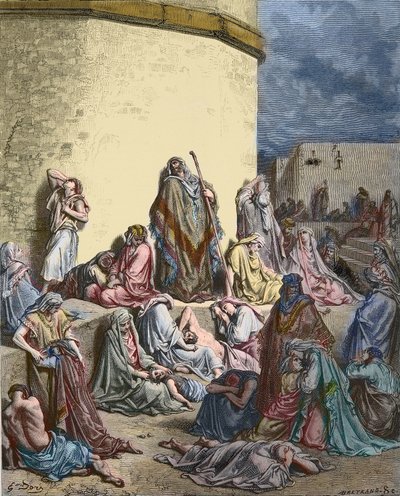 Israels folk sørger over Jerusalem - Det gamle testamente - Jeremias klagesang - Folket gråter i ruinene av Jerusalem - - gravering av Gustave Dore - senere fargelegging av Gustave Dore