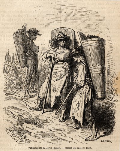 Plukkerne av Xeres. Tegning av Gustave Dore (1832-1883), for å illustrere hans reise til Spania i 1862, med Ch. Davillier. Gravering i "" Le tour du monde"", redigert av Edouard Charton av Gustave Dore