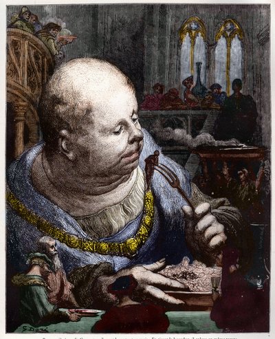 Pilegrimene blir spist i salater - illustrasjon fra "Gargantua og Pantagruel", av Francois Rabelais - gravering av Gustave Dore av Gustave Dore