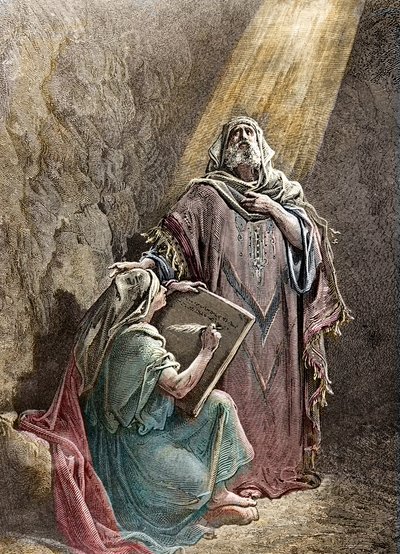 Profeten Jeremie dikterer sine profetier til Baruch - Colorisee-gravering av Pannemacker, fra Bibelen til Gustave Dore (1832-1883) - Jeremiah (650-585 f.Kr.), hebraisk profet. Jeremia dikterer sine profetier til Baruk. Gravering av Pannemaker, The Bibl av Gustave Dore