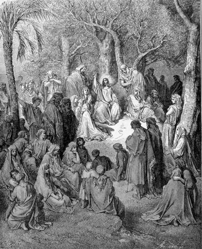 Bergprekenen: Jesus Kristus forkynner for alle sine disipler. Illustrasjon av Bibelen (Det nye testamente) av Gustave Dore (1832-1883) 1866 av Gustave Dore