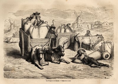 Kanalens tinajas, bruken av disse enorme jordkrukkene erstatter bruken av tønner og bruken av dem er veldig gammel. Gravering for å illustrere reisen til Spania av Gustave Dore (1832-1883) illustratør og baron Ch. Davillier-reaktor, i 1862, utgitt i av Gustave Dore