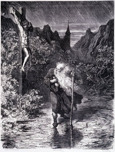 Den vandrende jøden som passerer nær en Golgata - i "Legenden om den vandrende jøden"" av Gustave Doré, bokhandel i den pittoreske butikken av Gustave Dore