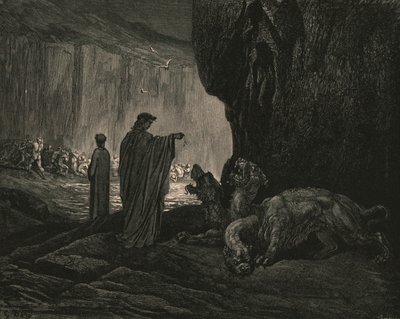 Så guiden min, håndflatene utvidet på bakken, c1890. av Gustave Dore