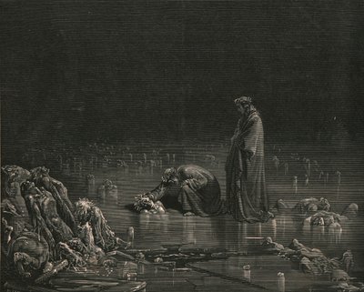Så grep jeg den bakre hodebunnen hans og ropte: Nevn deg, eller ikke skal et hår ligge her, c1890. av Gustave Dore
