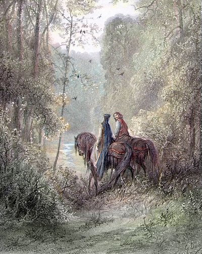 De tapte under lunder som så ut til å være et paradis av blomster (Guenièvre og Lancelot) - i "" Guenièvre"" av Alfred Tennyson, ill. av Gustave Doré Paris, Librairie Hachette et Cie av Gustave Dore