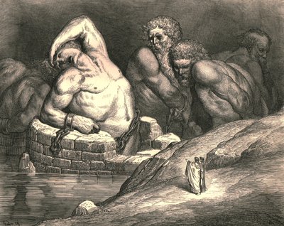 Denne stolte ville av sin styrke mot allmektige Jove stille for rettssak, c1890. av Gustave Dore
