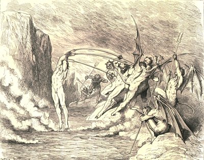 Når det er sagt, grep de ham med mer enn hundre kroker, c1890. av Gustave Dore