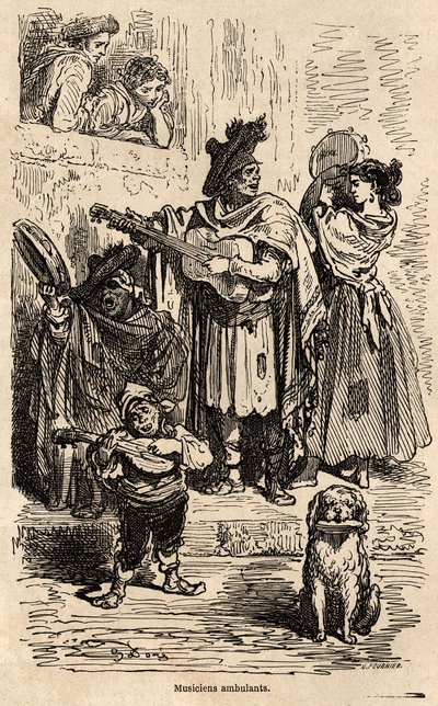 Omreisende musikere i Valencia, tegning av Gustave Dore (1832-1883), for å illustrere hans reise til Spania med C.Davillier, i 1862. Gravering i "" Le tour du monde", redigert av Edouard Charton av Gustave Dore
