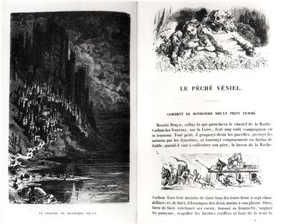 To illustrerte sider fra 'Les Contes Drolatiques' av Honore de Balzac (1799-1850) gravert av Heliodore Joseph Pisan (1822-90) av Gustave Dore