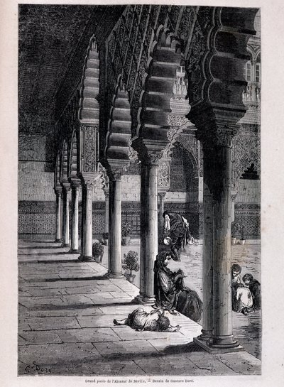 Utsikt over den store uteplassen til Alcazar i Sevilla - av Doré, i "" Tour du Monde"", 2. sem. 1866. av Gustave Dore