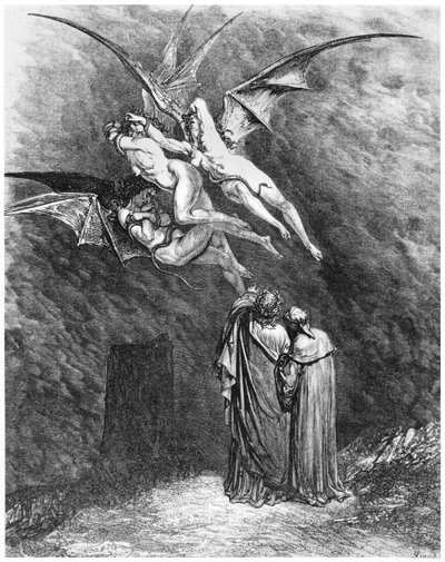 Virgil (70-19 f.Kr.) Dante and the Erinyes, illustrasjon fra 