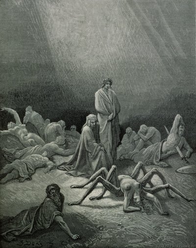 Virgil (70-19 f.Kr.) og Dante ser på edderkoppkvinnen, illustrasjon fra 