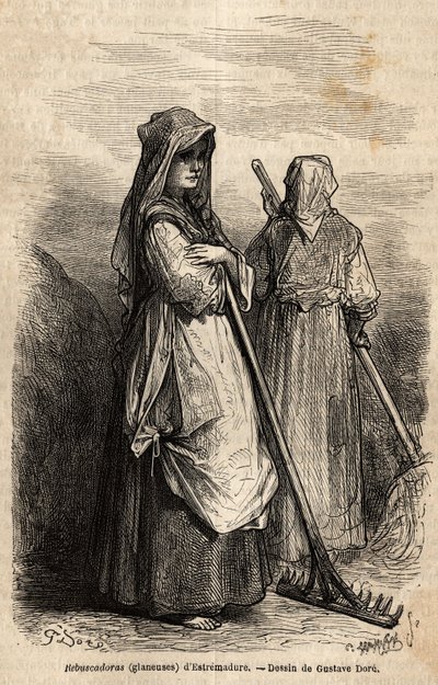 samlerne i Estremadure, med sine store treriver for å plukke opp den delen av avlingen som ble glemt på åkrene etter innhøstingen. Gravering for å illustrere reisen til Spania av Gustave Dore (1832-1883) illustratør og baron Ch. Davillier reagerer av Gustave Dore