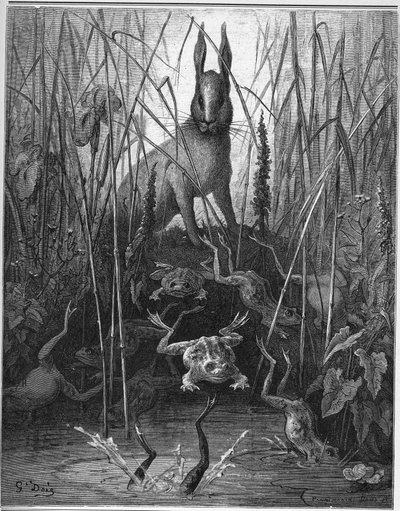 haren og frosken - The Hares and the Frogs - fra "Fables" av Jean de La Fontaine av Gustave Dore