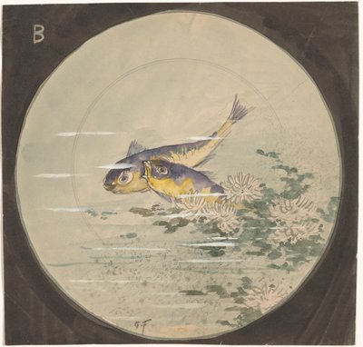 Design for en tallerken med to blågule fisker nær vannliljer av Gustave Fraipont (signed by artist)