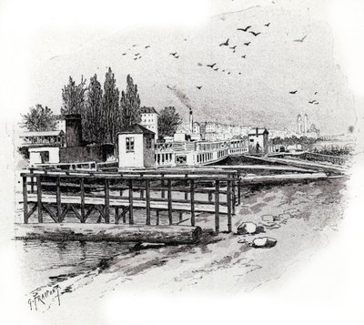 Vannbusser (pendlerbåter) reparasjonsverksteder på not-elven i Paris Tegning av Gustave Fraipont (1849-1923) henter fra «La seine a travers Paris» av Saint-Judges av Gustave Fraipont