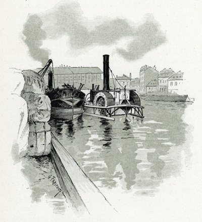 Båter som fortøyer i havnen i La Villette, Paris (Båter i havnen i La Villette, Paris) Tegning av Gustave Fraipont (1849-1923) henter fra «La seine a travers Paris» av Saint-Juirs av Gustave Fraipont
