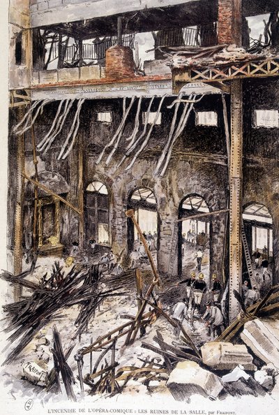 Brannmenn som jobber i ruinene av rommet til opera comique de Paris etter brannen, av Fraipont av Gustave Fraipont