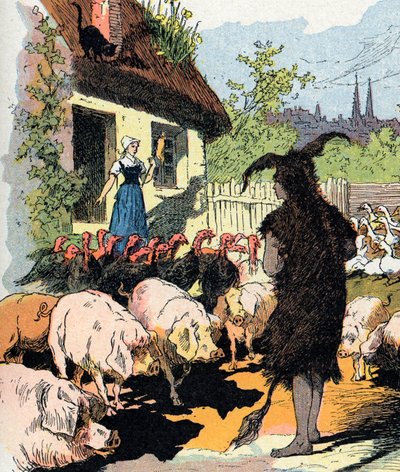 Håndpike eselskinn Illustrasjon av Gustave Fraipont for "" Cane skin"" (Ane skin) fortelling av Charles Perrault (1628-1703), fransk forfatter (Illustrasjon for "Donkeyskin"" fransk litterært eventyr) Privat samling av Gustave Fraipont