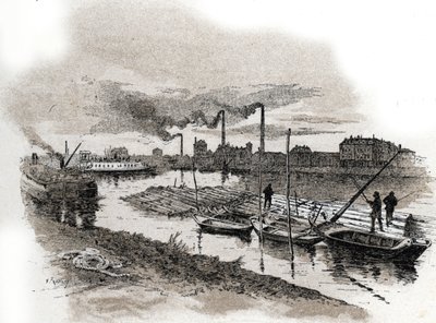 Ivry sur Seine, tretog (Tømmerrafting på Seine-elven, Ivry-sur-Seine) Tegning av Gustave Fraipont (1849-1923) henter fra «La seine a travers Paris» av Saint-Juirs av Gustave Fraipont