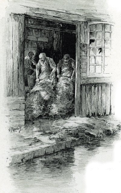 Megissiers de la rue des gobelins i Paris (garvere som arbeider med lær og dyreskinn i rue des Gobelins, Paris) Tegning av Gustave Frainpont (1849-1923) henter fra "La seine a travers Paris" av Saint-Juirs av Gustave Fraipont