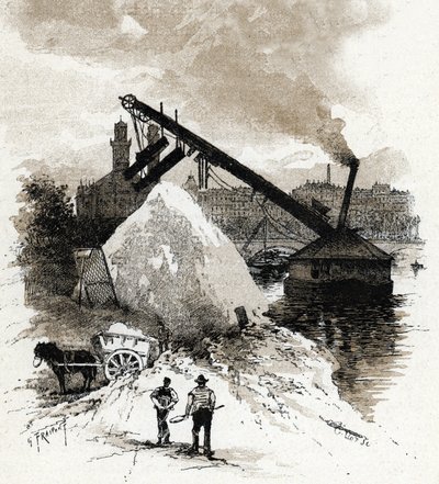 Sandgrader på Seine-elvebredden nær pont de l'Alma, Paris Tegning av Gustave Fraipont (1849-1923) henter fra «La seine a travers Paris» av Saint-Juirs av Gustave Fraipont