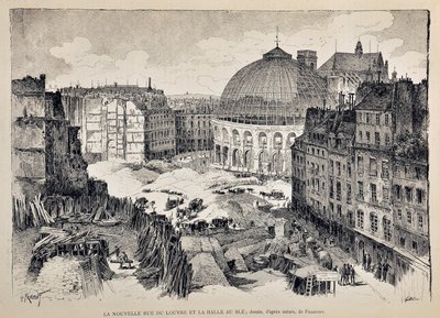 Den nye Rue du Louvre og Halle au Ble i Paris i 1887. illustrasjon av Gustave Fraipont (1849 - 1923). Gravering fra 1887 i "" Paris-Illustrous journal weekly"". av Gustave Fraipont