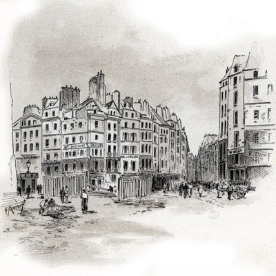 Utsikt over Place Maubert, Paris Tegning av Gustave Fraipont (1849-1923) henter fra «La seine a travers Paris» av Saint-Juirs av Gustave Fraipont