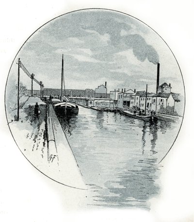 Utsikt over quai de l'Oise på canal de l'Ourcq i Paris Tegning av Gustave Fraipont (1849-1923) fra Saint-Juirs av Gustave Fraipont