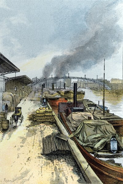 Utsikt over Canal de la Villette i Paris Tegning av Gustave Fraipont (1849-1923) fra Saint-Juirs av Gustave Fraipont