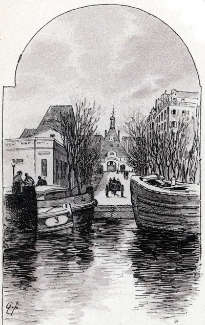 Utsikt over Hospital Saint-Louis i Paris fra kanalen Saint-Martin, Paris Tegning av Gustave Fraipont (1849-1923) fra Saint-Juirs "" La seine a travers Paris"" av Gustave Fraipont