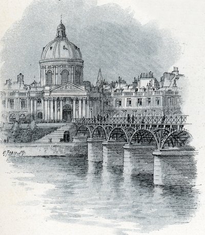 Utsikt over Institut de France og broen Pont des arts i Paris Tegning av Gustave Fraipont (1849-1923) er hentet fra Saint-Juirs "La seine a travers Paris" av Gustave Fraipont