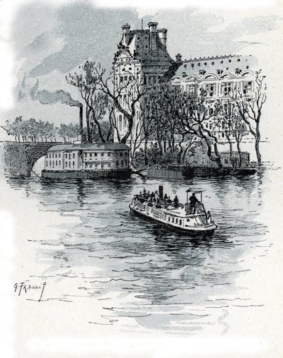 Utsikt over Pavillon de Flore, Palais du Louvre, fra Quai Voltaire, Paris (Utsikt over Pavillon de Flore-delen av Louvre-palasset fra quai Voltaire, Paris) Tegning av Gustave Fraipont (1849-1923) fra Saint-Juirs av Gustave Fraipont