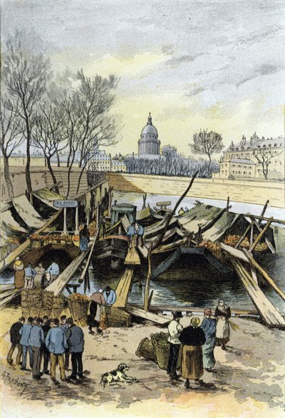 Utsikt over eplemarkedet på lektere på Seinen, nær Hotel de Ville, Paris Tegning av Gustave Fraipont (1849-1923) fra Saint-Juirs av Gustave Fraipont