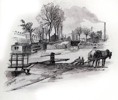 Utsikt over kanalen Saint-Denis og quai de la Gironde a la Villette, Paris (Utsikt over canal saint Denis og quai de la Gironde i Villette-distriktet, paris) Tegning av Gustave Fraipont (1849-1923) fra Saint-Juirs av Gustave Fraipont