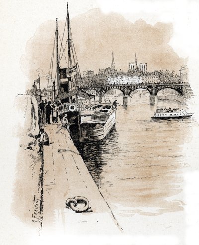 Utsikt over selskapet Seine et Thames hvis båter forbinder Paris og London Tegning av Gustave Fraipont (1849-1923) henter fra "La seine a travers Paris" av Saint-Juirs av Gustave Fraipont