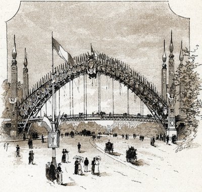 Utsikt over gangbroen til Pont de l'Alma under verdensutstillingen i Paris av Gustave Fraipont