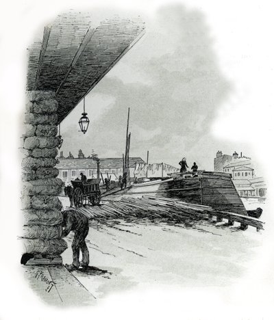 Utsikt over hangarene til havnen i La Villette i Paris (naust og skur fra havnen i La Villette, Paris) Tegning av Gustave Fraipont (1849-1923) er hentet fra "La seine a travers Paris" av Saint-Juirs av Gustave Fraipont