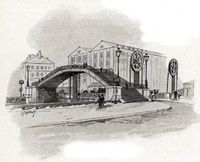 Utsikt over heisbroen til rue de Crimee, Bassin de l'ourcq Paris (Utsikt over heisbroen til rue Crimee, Canal de l'Ourcq, Paris) Tegning av Gustave Fraipont (1849-1923) henter fra Saint-Juirs av Gustave Fraipont