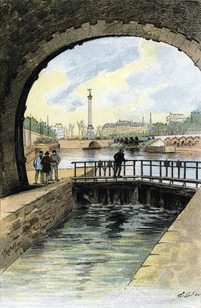 Utsikt over slusen til Canal Saint Martin i Paris Tegning av Gustave Fraipont (1849-1923) fra «La seine a travers Paris» av Saint-Juirs av Gustave Fraipont