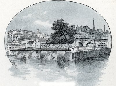 Utsikt over Monnaie-slusen, foran Hotel des Monnaie i Paris Tegning av Gustave Fraipont (1849-1923) er hentet fra Saint-Juirs "La seine a travers Paris" av Gustave Fraipont